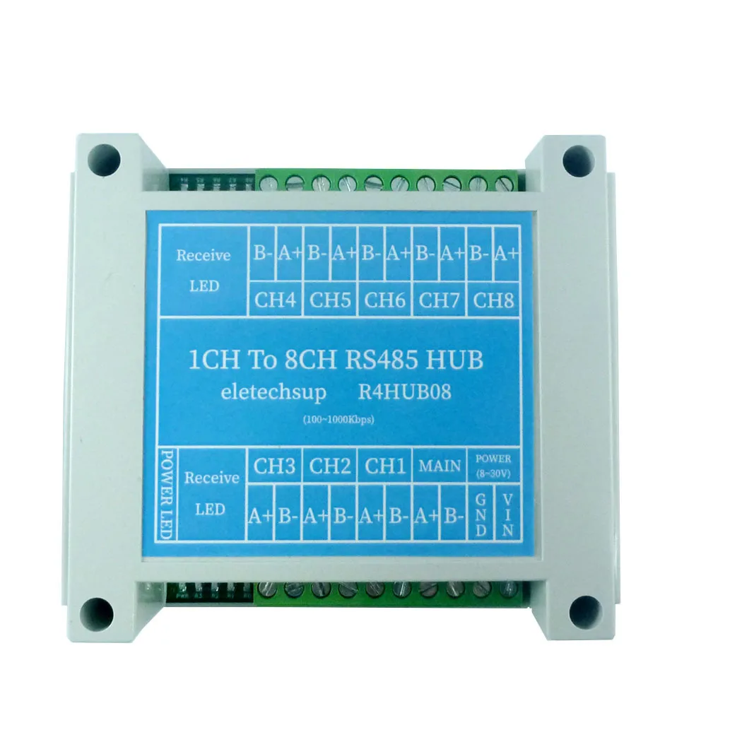 

DC8-30V 8 Port RS485 Hub Repeater Serial Port Signal Amplifier 100-1000Kbps for PLC PTZ Security Monitoring with Power Indicator