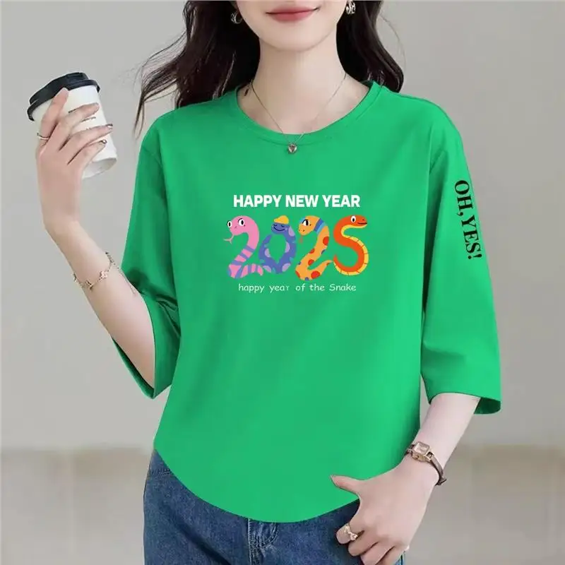 

Slimming round Neck Seven Sleeve Tops Mommy New Year Fashionable Base Shirt Polyester Fiber Loose Fit T-Shirt for Elderly Women