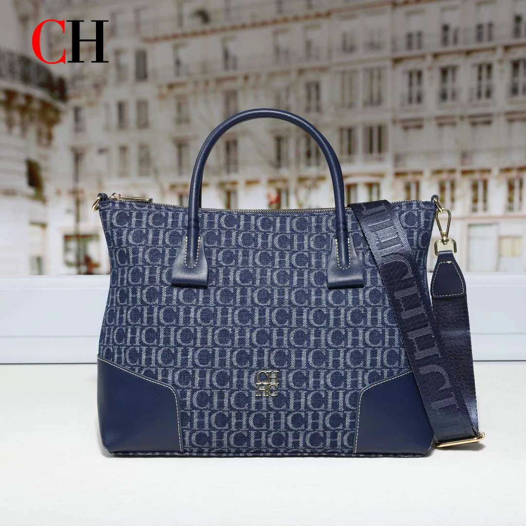 CH Women Handbag Letter Denim Print Tote Bag Wide Shoulder Strap Ladies Top Handle Crossbody Purse Daily Shopper Bag