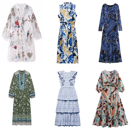 Ropa de mujer de comercio exterior de estilo europeo y americano nuevo vestido de lujo ligero estampado ajustado y adelgazante a la moda 2025