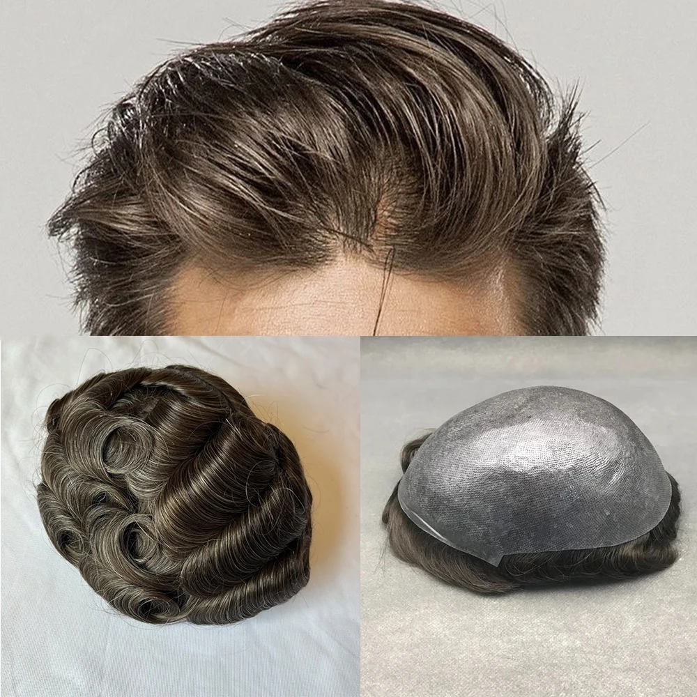 0.04mm Bio Thin Skin Mens Toupee Invisible PU 8x10'' Base Full Poly Human Hair Natural Wigs For Men Replacement System