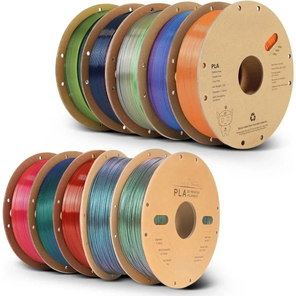 طقم خيوط PLA الحريرية 10 كجم، طباعة حريرية ثلاثية الألوان وثنائية اللون PLA، طباعة قوس قزح ثلاثية الأبعاد لامعة متعددة الألوان سريعة التغيير