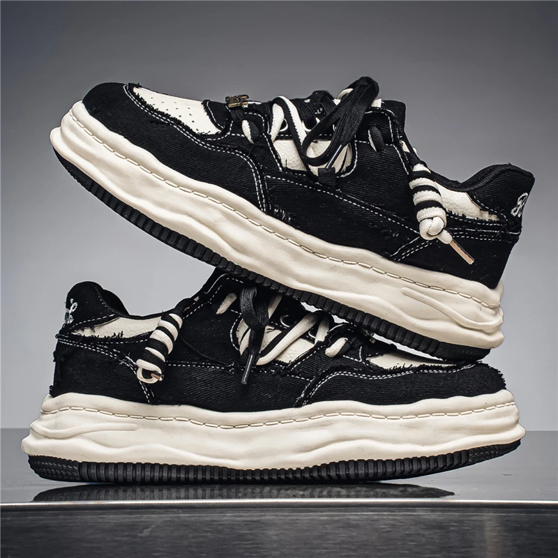 Deconstructed Distressed Men Board Shoes Frayed Fabric Edges Wavy Melted Platform Sole Fashion Daily Street Sneakers