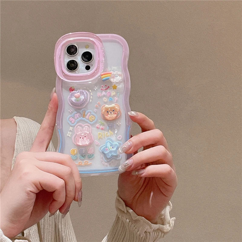 Stereoscopic Rainbow Bear Bunny Anti-collision Anti-Drop Dual Stand Case for iPhone 15 13 12 12 11 14 Pro Max 13Pro XR XS Max X