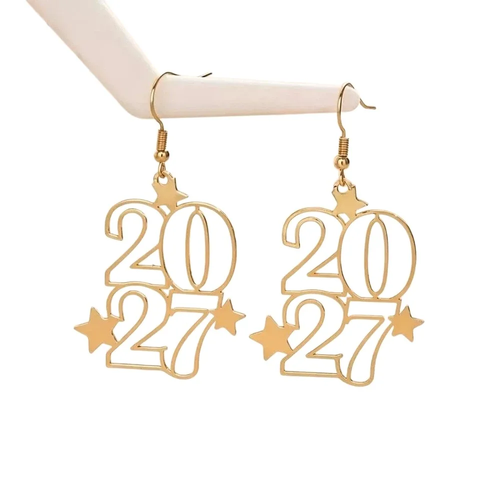Elegant 2027 Digital Earrings Hollowed-out Fashion Long Drop Happy New Year Earrings Star Design Metal Iron Stud Earrings
