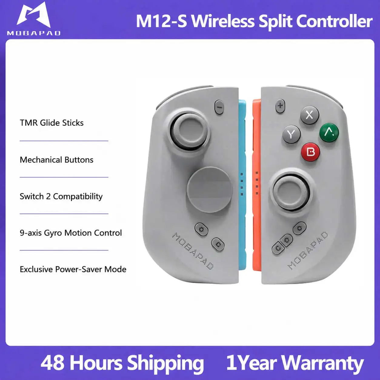 MOBAPAD M12-S Gaming Controller for Switch 2，Split Gamepad with TMR Sticks, 9-Axis Gyro Motion Control, Power-Saver Mode For NS2