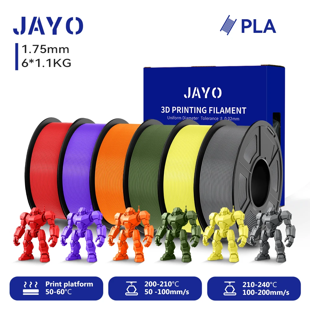 JAYO 6 Rollen 3D PLA Druckerfilament 1,75mm Ungiftig & Blasenfrei PLA-Kunststoff als 3D-Druckfilament für 99% der 3D FDM Drucker & Stifte