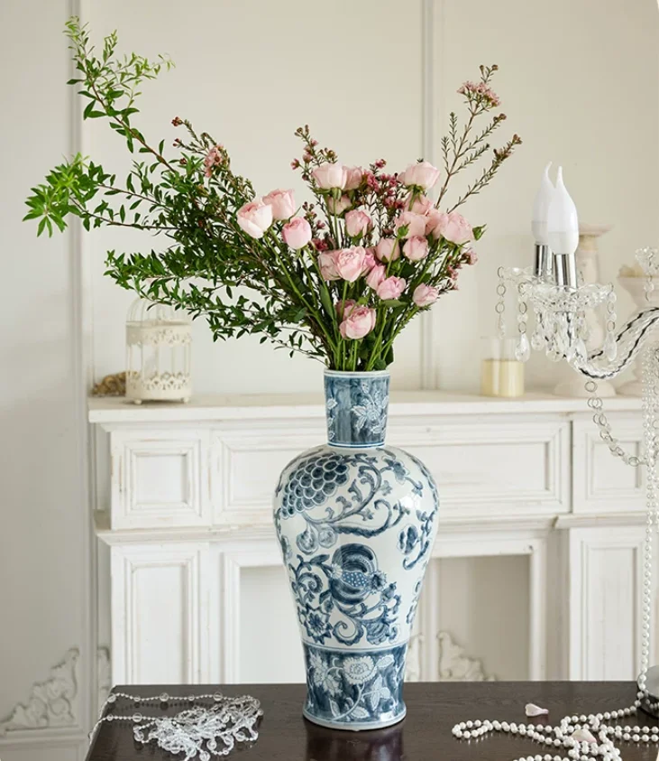 42.5cm/Blue and white porcelain vase, underglaze color hand-painted ceramic ornament, new Chinese style light luxury living room