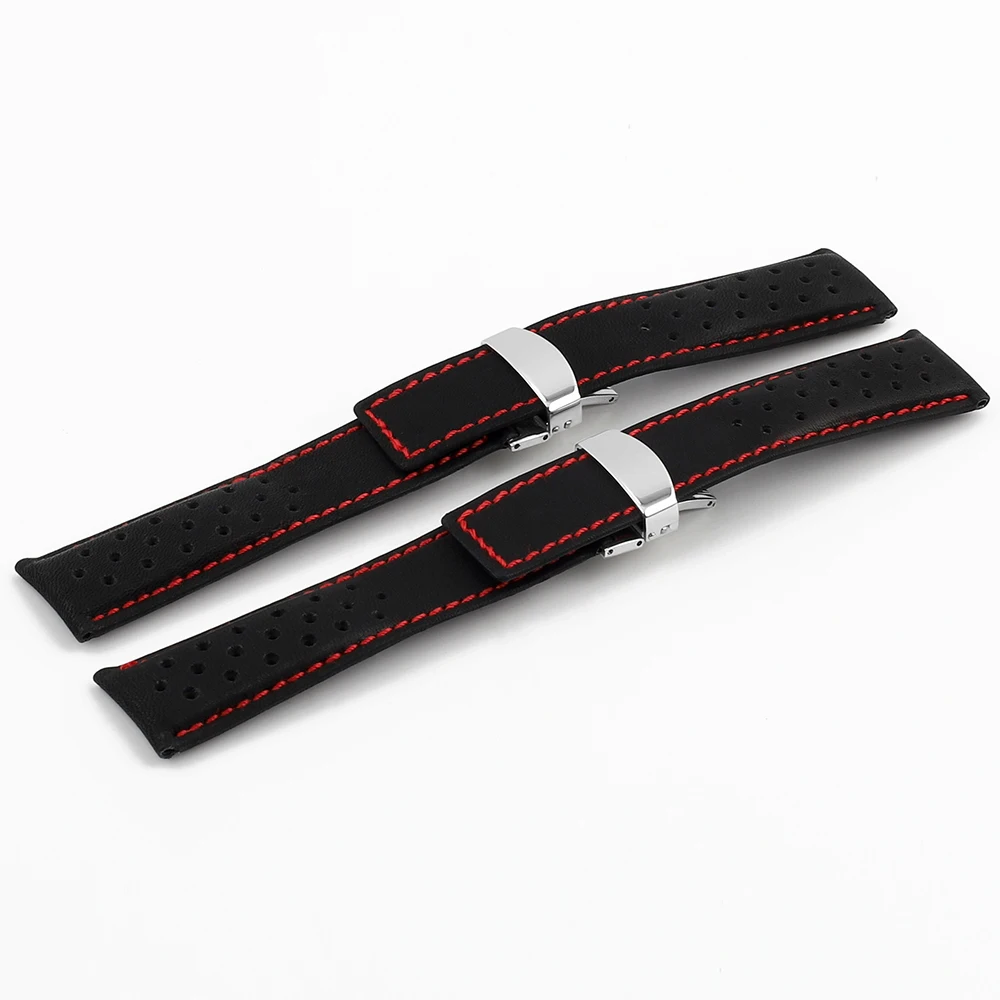 Genuine Leather Black Watchband Breathable Watch Strap Red Stitched 22mm With Stainless Steel Butterfly Buckle Watch Band
