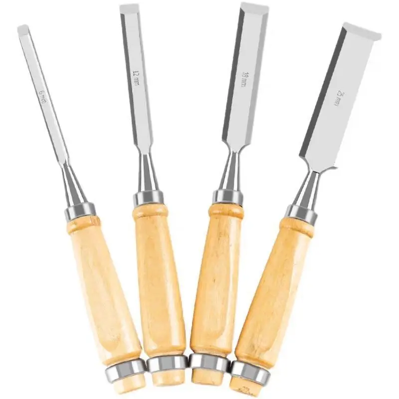 Professional 4Pcs Wood Carving Flat Chisels Set - 6/12/18/24mm Chrome-Vanadium Steel with Ergonomic Beech Handles in Paper Case
