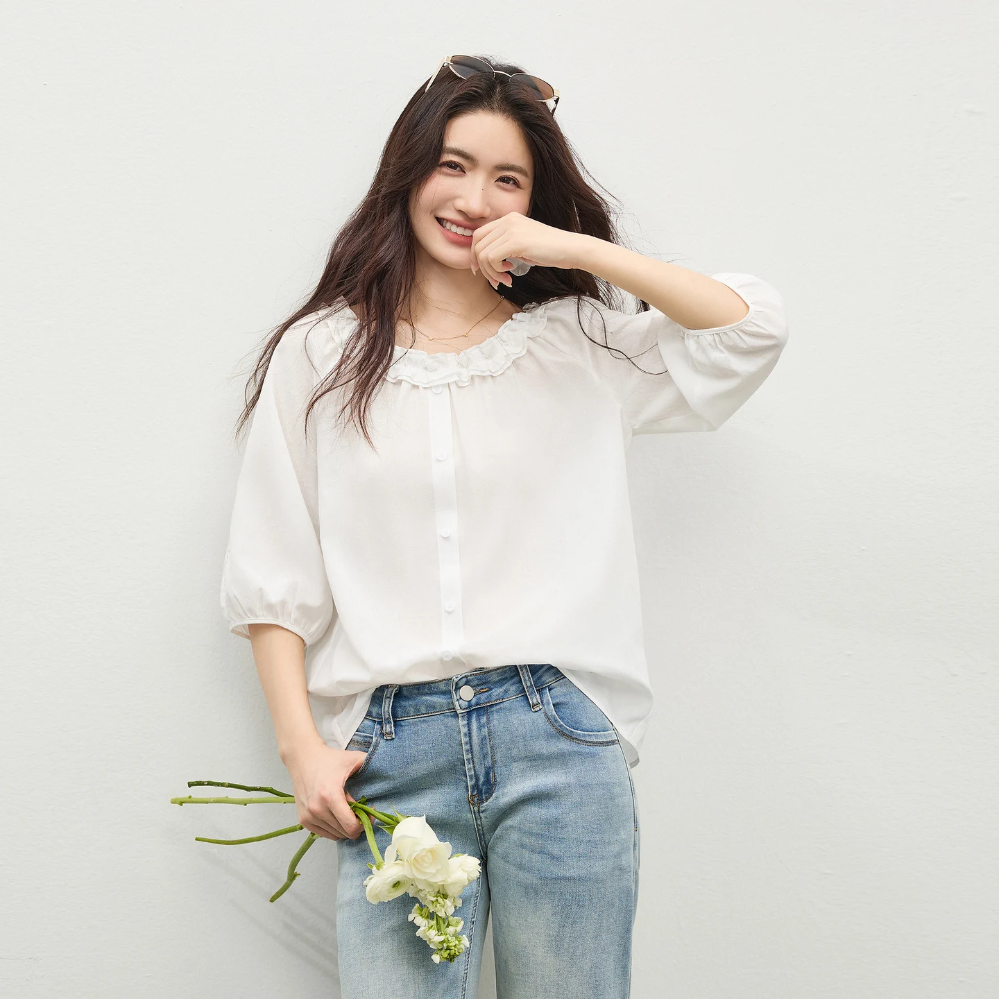 

SENTUBILA Women's Two-Way Neck Blouse Elegant Double Ruffled Trim Neck Elbow Length Puff Sleeve Straight Chiffon Shirt 162CA6082