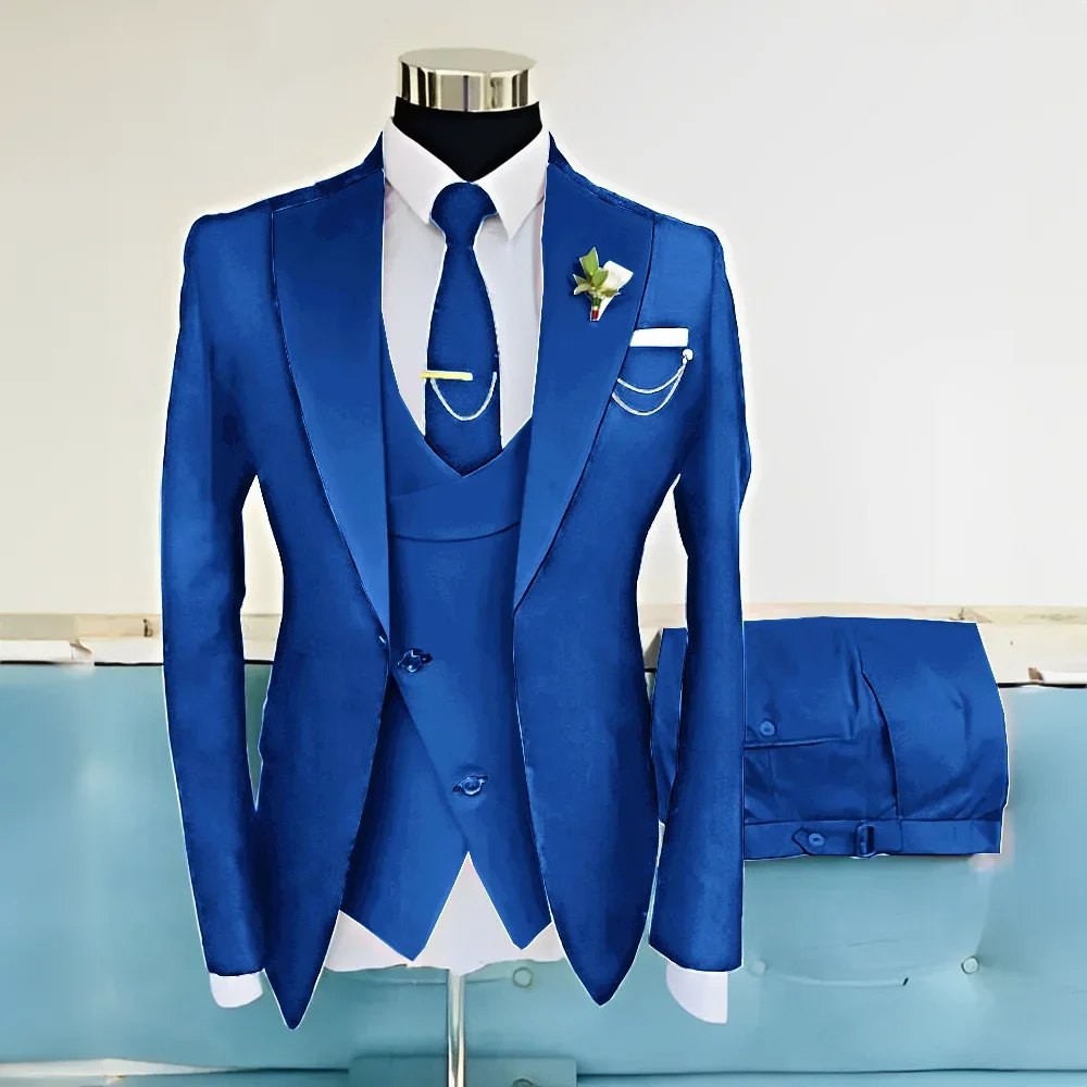 3-piece Royal Blue Suit for Mens Wedding Dress Groom Tuxedo Set Jacket Pants Vest Formal Elegant Men Customized Suit