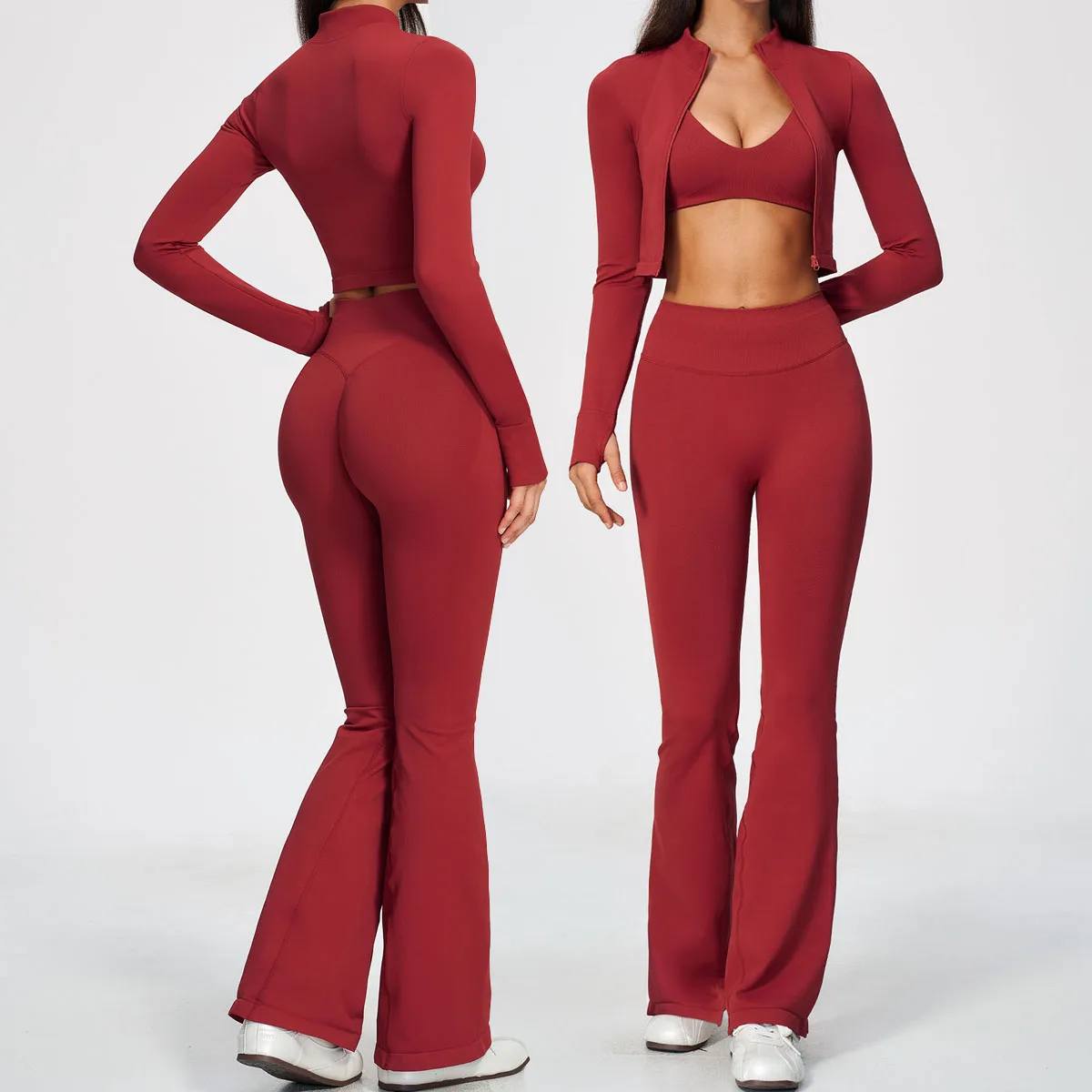 Women Tracksuit 3PCS Yoga Suit Seamless Sports Set Flared Leggings Gym Running Workout Long Sleeve Sports Coat Yoga Clothing
