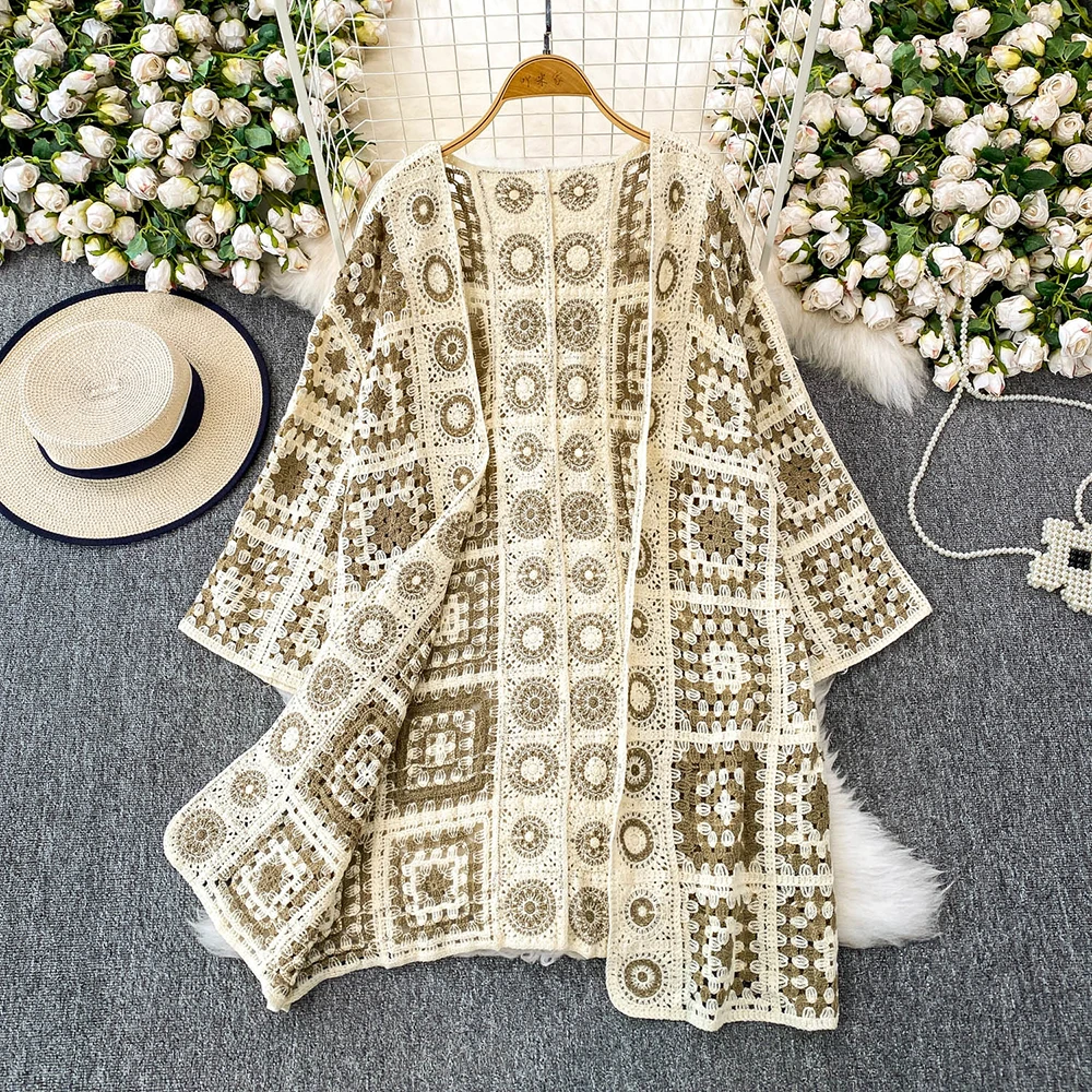 

Knitted Hollow Out Cardigan Women's Bohemian Style Plaid Print Long Sleeved Placketless Sweater Design Beach Casual Long Outwear