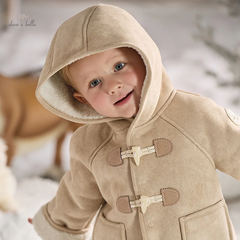 

Dave Bella Baby Boys Khaki Plush Hooded Long Sleeved Jacket Winter Warm Kid Coat Outerwear Children Clothing DB4243051