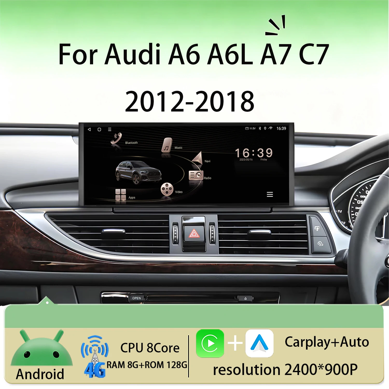 Автомагнитола Android 16 для Audi A6 A6L A7 C7 2012-2018 с CarPlay, 4G, WIFI, DSP, GPS-навигацией, QLED сенсорным экраном (для праворульных авто)