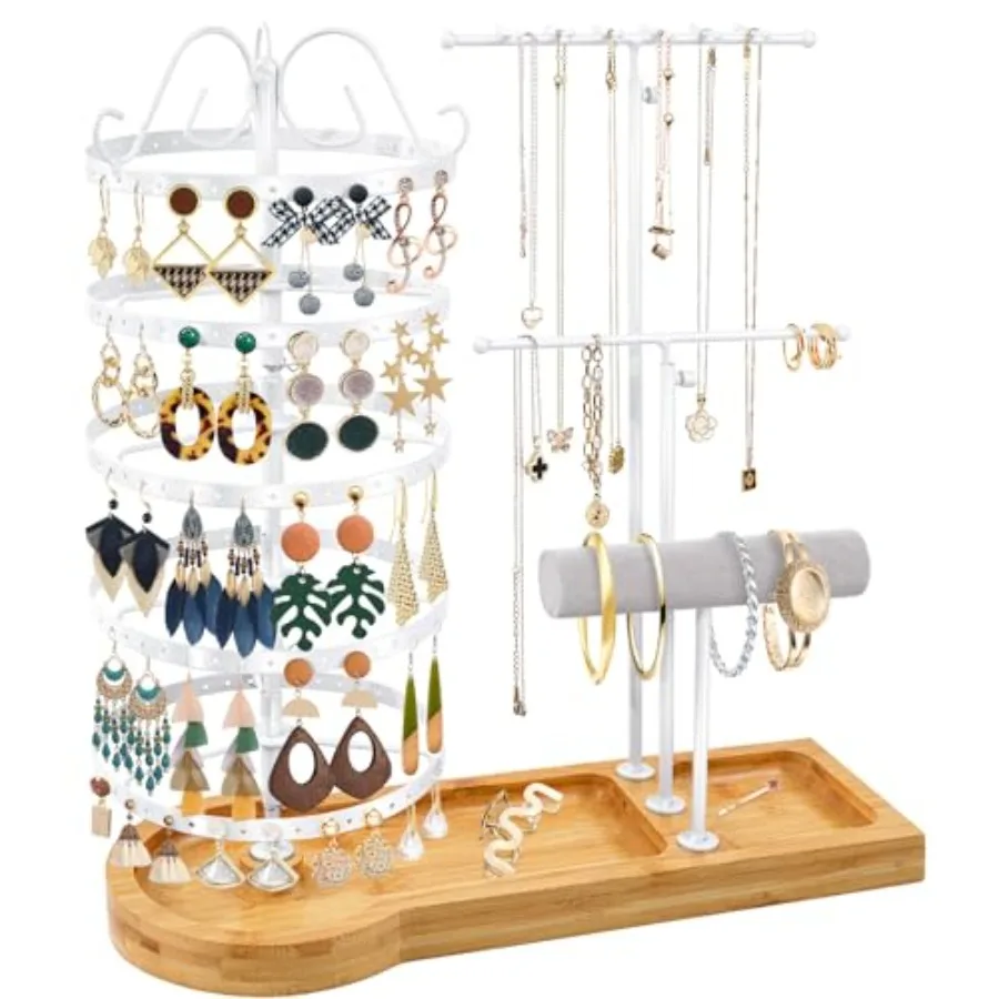 

Подставка-органайзер для ювелирных изделий с бамбуковой основой, металлический вращающийся держатель для сережек, многофункциональный регулируемый держатель для ожерелья