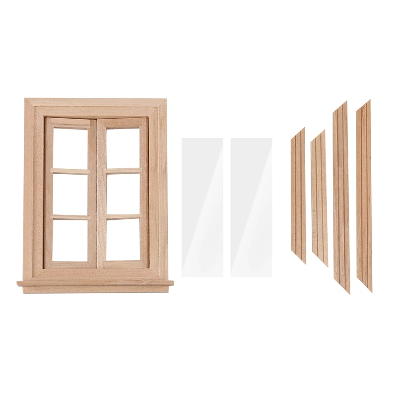 1:12 Dollhouse Miniature Double Window Wooden 6 Pane Frame And Glass Plate Doll House Diy Double Window Accessories For Doll Hou