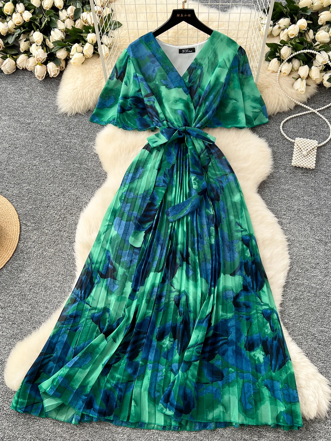 E Vestido de Gasa con Estampado, Cuello en V, Manga Campana, Cintura Alta con Lazo, Estilo Coreano, Vestido Línea A, N...