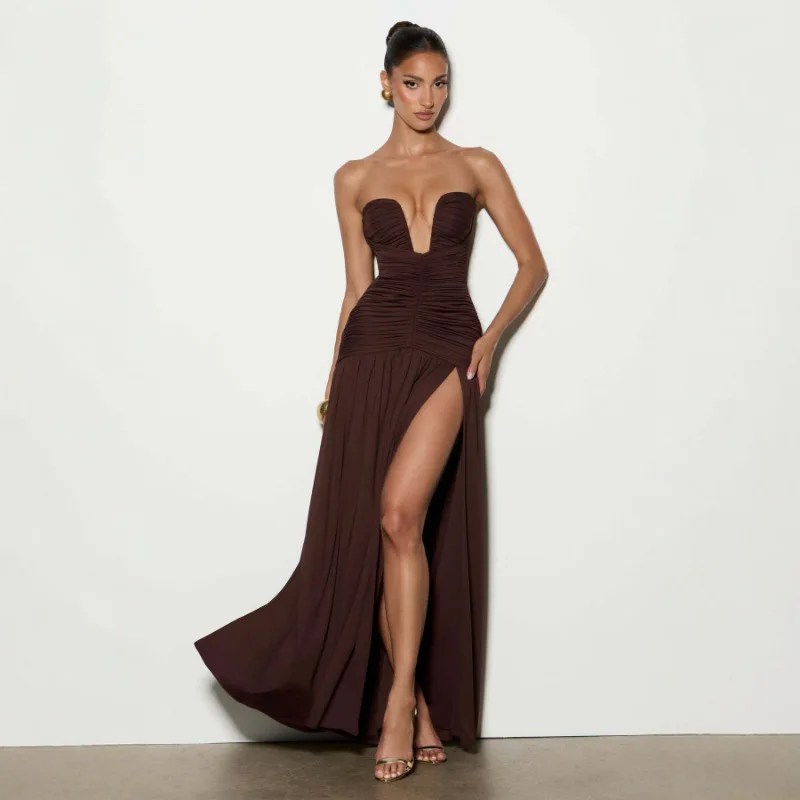 Women Elegant Deep V-neck Pleated Strapless Dress Chic Off-shoulder Backless Split Maxi Dresses 2026 Lady Evening Party Vestidos