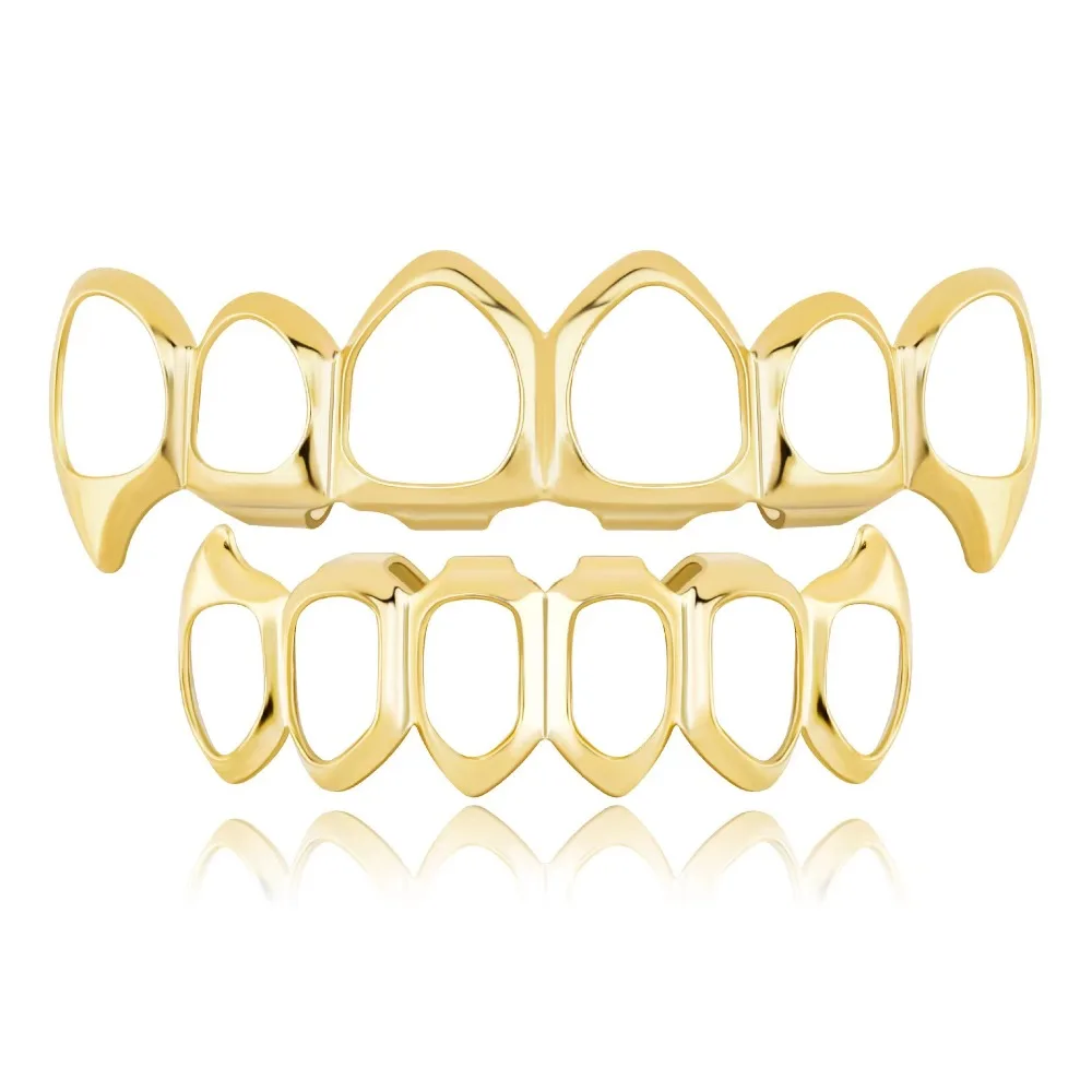 Glossy Finish Hollow Teeth Grillz Top Bottom Set Eco-friendly Copper Shiny Teeth Grillz Caps Anti Slip Gold Teeth Jewelry Events