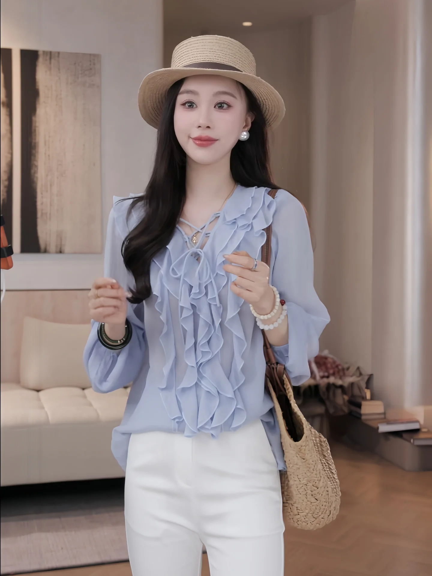 

Elegant Long Sleeve Shirt Iris Bellflower Spring Summer 2026 Versatile Outfit Match Polyester V-neck Loose Fit Women's Shirt