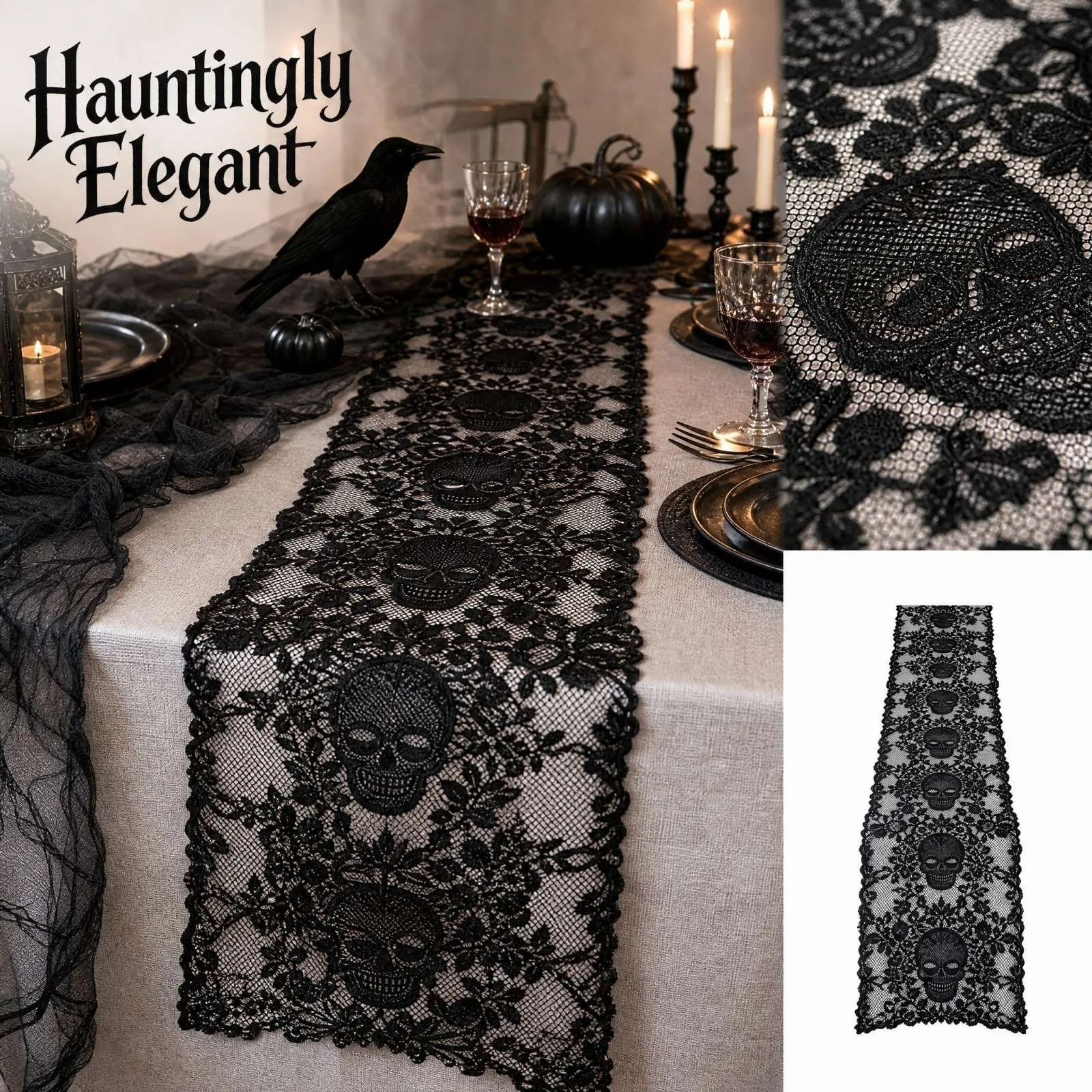 Halloween Black Lace Hollow Table Runner Gothic Spider-Web Lace Tablecloth for Halloween Party Home Dining Table Decor  ﻿