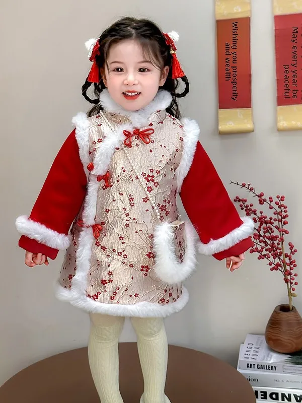 

Thiened Flag Robe New Year Clothes Children's Hanfu Winter Faion Girls' Fce-lined Tang Dr Traditional Chinese Costume