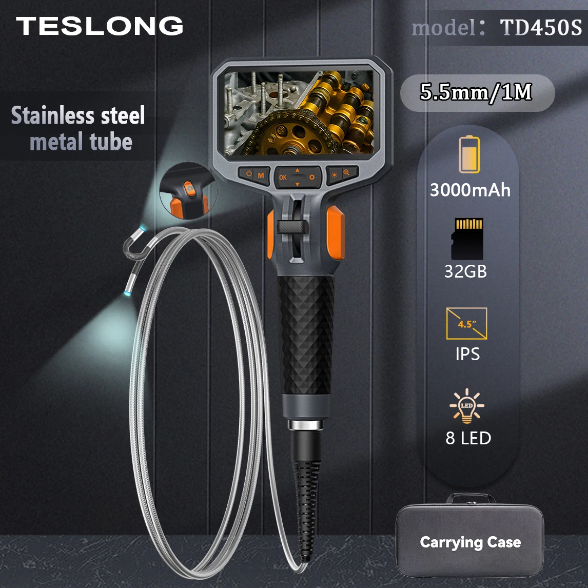 TESLONG Professional Auto Pipe Endoscope - 5.5mm Flexible Probe, 4.5
