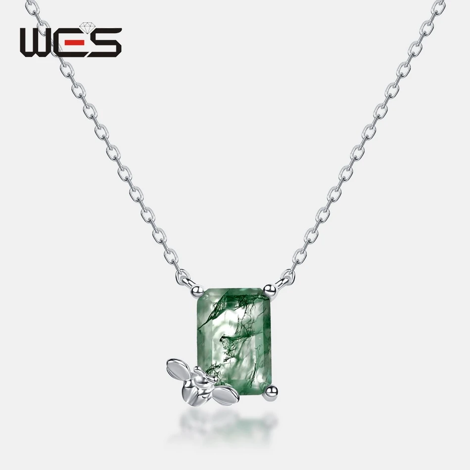 WES 925 Sterling Silver Natural Moss Agate 7*10mm Necklace for Woman Bee Design Certified Jewelry Anniversary Valentine Gifts