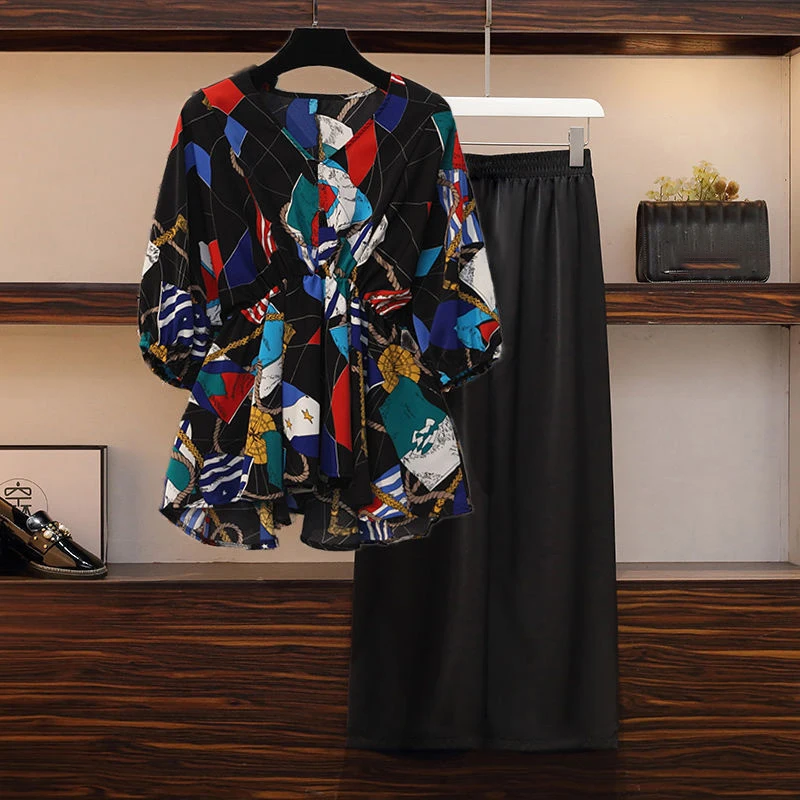 2025 春の新女性パンツセットツーピース V ネックバットスリーブ弾性ウエストカラーブロックプリントトップワイドレッグパンツ女性服