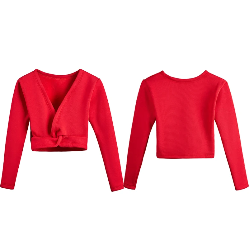 Girls Ballet Wrap Tops Kids Classic Long Sleeve Dance Sweater Velvet Inner V-neck Pullover Dance Wrap Cardigan Tops