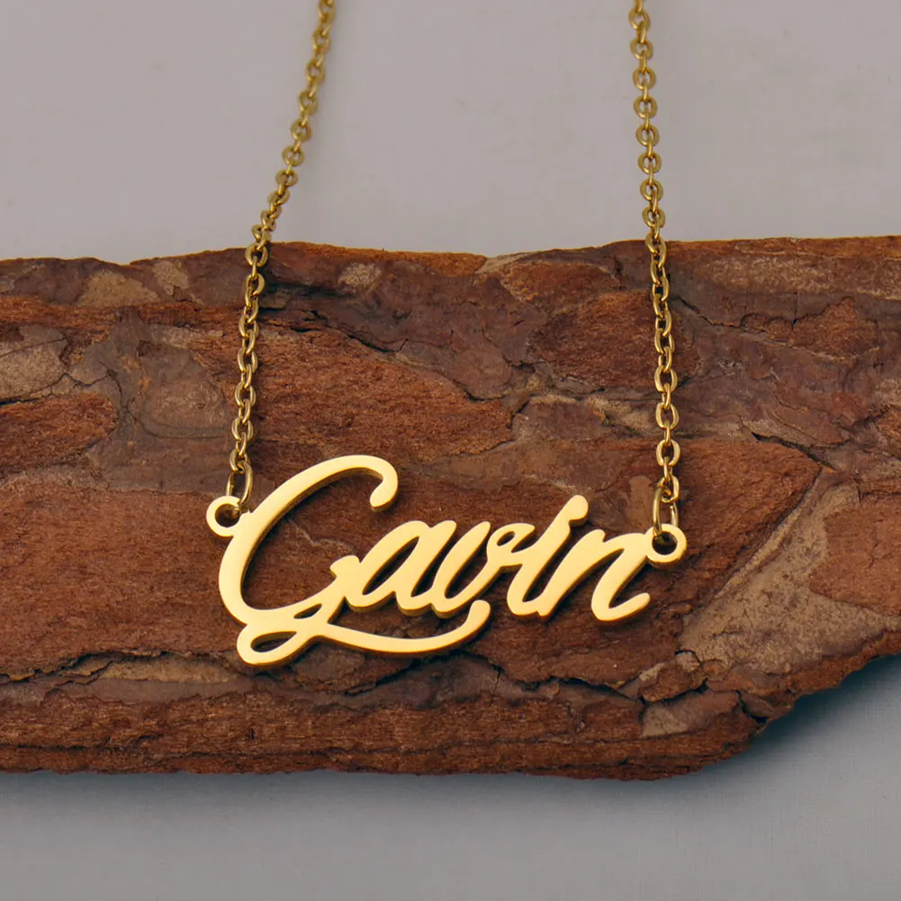 

AOLOSHOW Gavin Name Necklace for Women Gold-Color Stainless Steel Pendant Letter Choker Jewelry