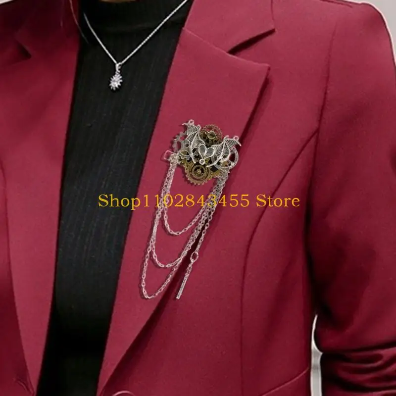 

49MC Metal Wing Hairpin Multilayered Chain Brooch Industrial Gear Heart Unisex Gothic Accessory