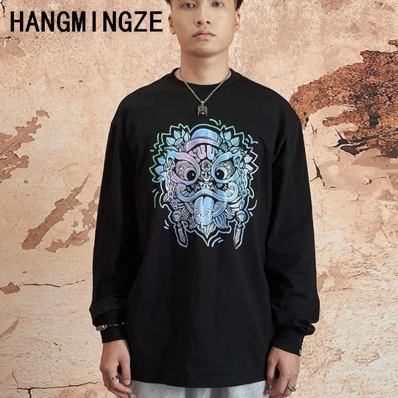 2024 Cartoon Lion Print T Shirts Men's Fashion Vintage Streetwear Oversized Cotton Long Sleeve T Shirt Tees Tops Man Clothing