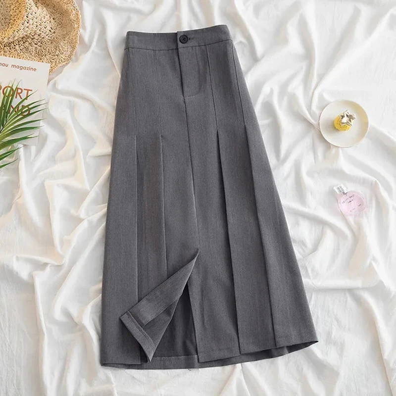 Lucyever Black Gray Pleated Long Skirt for Women 2023 Spring Japanese Style High-Waist Skirts Woman Office Streetwear Midi Skirt