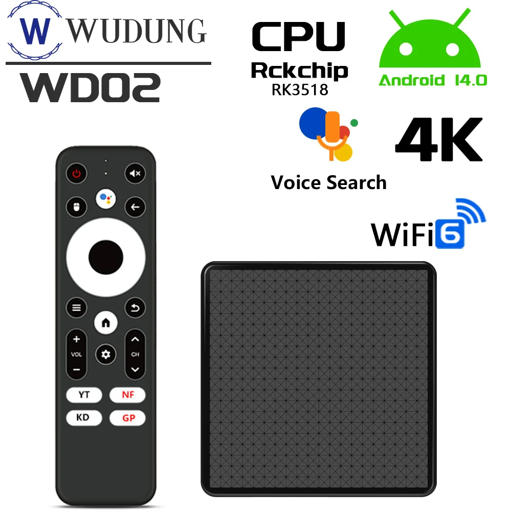 

ТВ-приставка WD02 WUDUNG Smart TV BOX на Android 14 с процессором Rockchip RK3518, поддержкой 4K, USB 3.0, Wi-Fi 6, медиаплеер, Android-бокс, 2 ГБ ОЗУ, 16 ГБ ПЗУ
