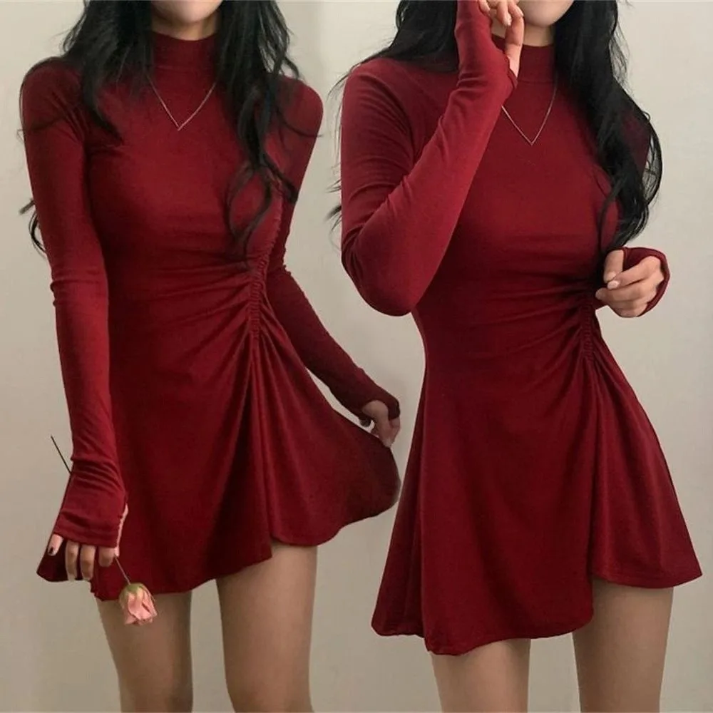 

Long Sleeved Christmas Red Dress Short Skirt Pleated Girls Irregular Dress Half High Collar A-line Slim Thin Dress Ladies/Girl