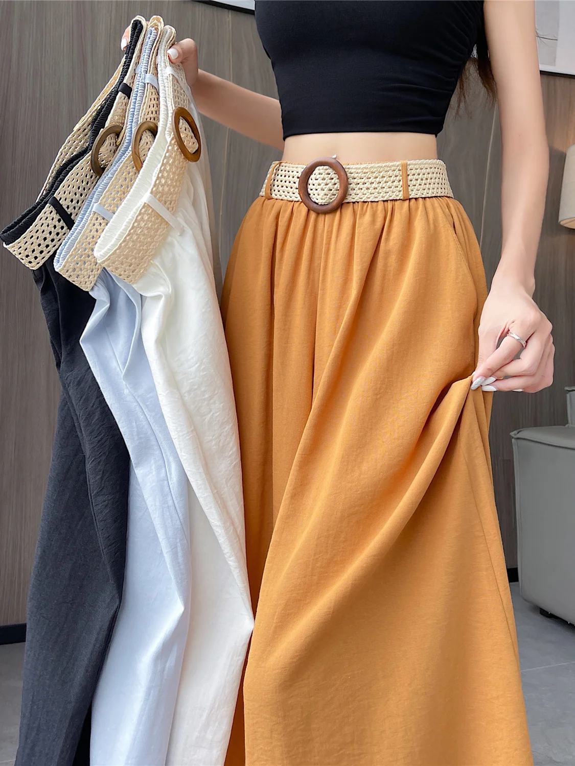 

Ice Silk Cotton Linen Wide Leg Pants Women Summer Thin High Waist Slim Loose Straight Casual Skirt Pants High Waist Straight Leg