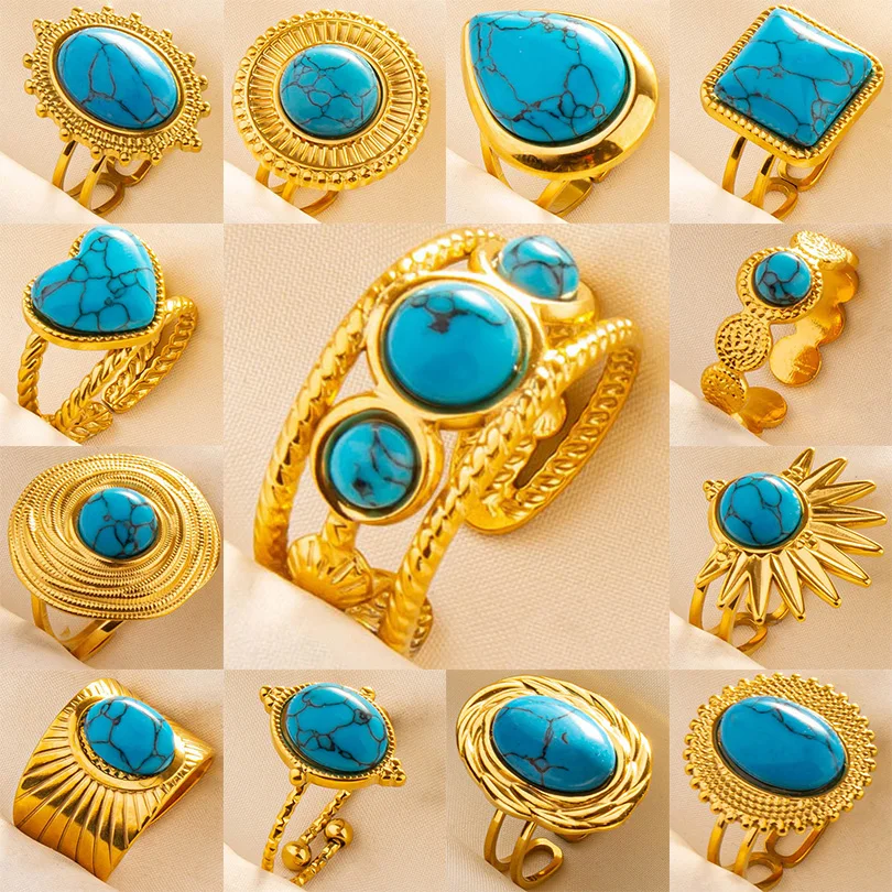 5 Stück verblassen nie Edelstahl Türkis Ringe böhmisch verstellbar tiefblau Edelstein vergoldete Ringe Frauen Vintage Schmuck