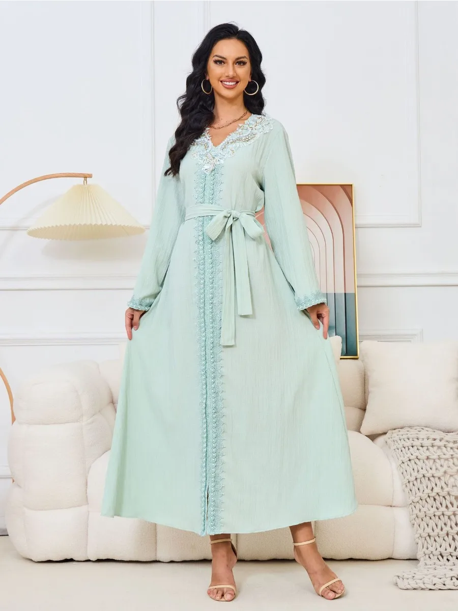 

Eid V Neck Beading Dress for Women Muslim Party Abaya Embroidery Jalabiya Long Dresses Kaftan Vestidos Dubai Ramadan Gown Robe