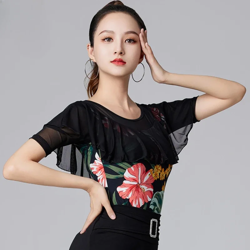 Adult Samba Dance Wear Latin Tops Long Sleeve Print Mesh Ruffle Edge Women's  Autumn Dance Practice Party Dresses Dance Suit Top