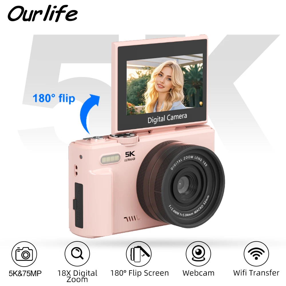 Ourlife Compact Vlog Travel Camara 180 °   شاشة كاميرا رقمية 5K مدمجة في فلاش متعددة الوظائف وخفيفة الوزن للتصوير الفوتوغرافي