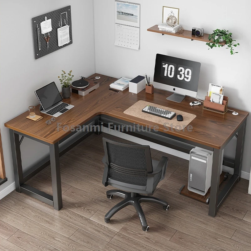 مكتب ألعاب أسود على شكل حرف L للمنزل، طاولة كمبيوتر لغرفة المكتب والزاوية الحديثة مع فتحة كابل، مكتب عمل كبير للدراسة