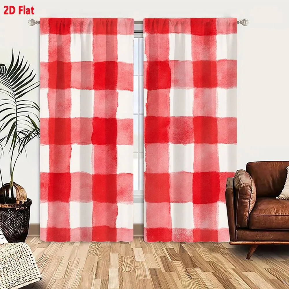 2Pcs Curtains 2D Flat Watercolor Red And White Gingham Checkered Pattern Background Window Drapes for Bedroom Room Decor Decorat