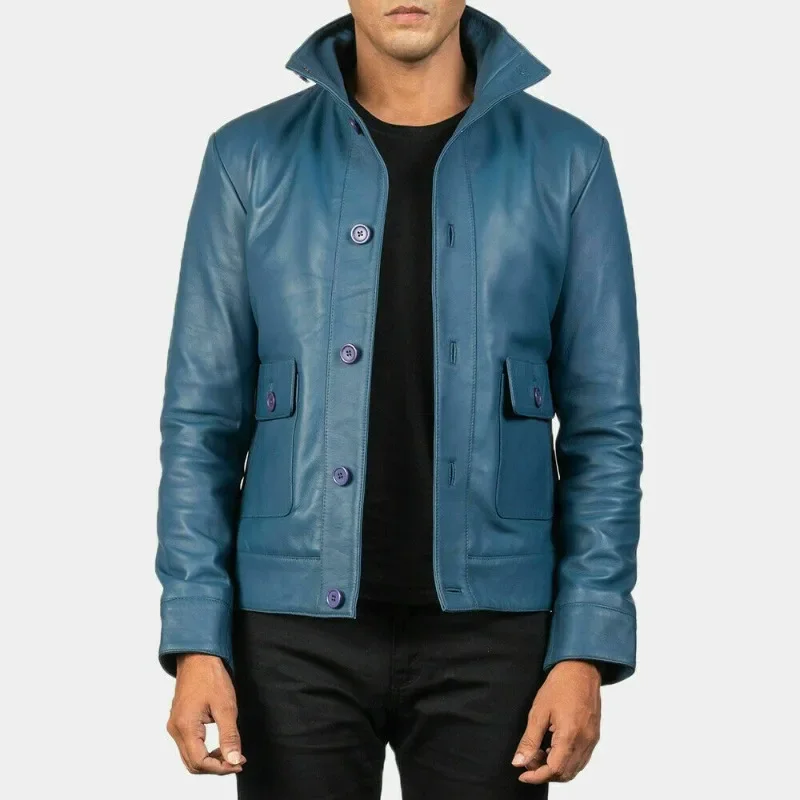 Men Jacket Genuine Lambskin Leather Trendy Classic Partywear Biker Blue Coat