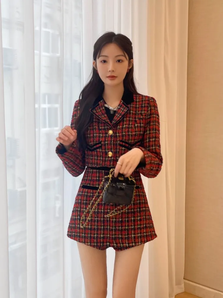 Sweet Women Spring Red Plaid Tweed Jacket Mini Skirt Two Piece Set Single Breasted Elegant Ladies Slim Fit Outfits Matching Sets