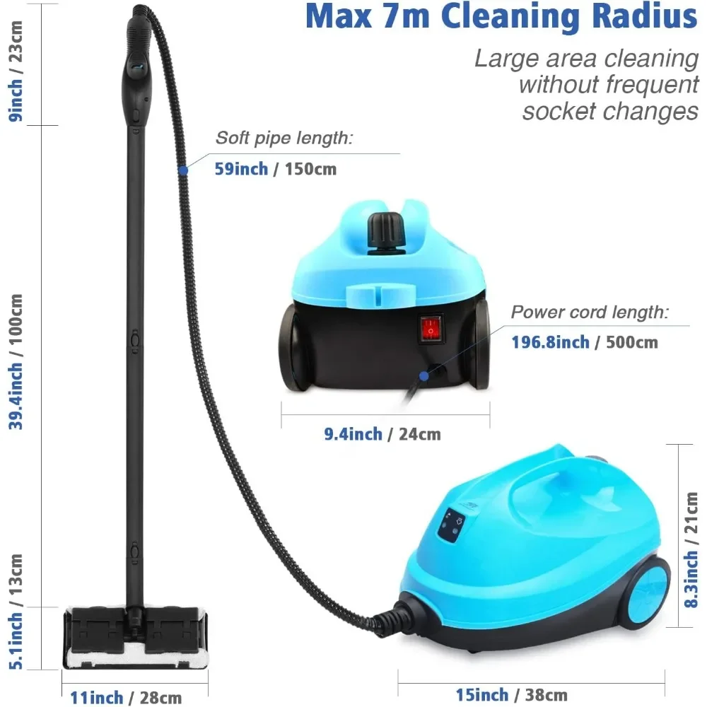 Steam Cleaner, Steam Mop with 21-Piece Accessory Set, 1.5L Capacity 1500W Handheld Steamer Carpet Cleaner 16.4ft Power Cord,Blue