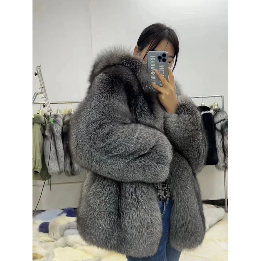 Real Fox Fur Coat With Hood For Women Silver Fox Fur Hooded Jacket Winter Jackets Best Selling Styles Short Furs Coat