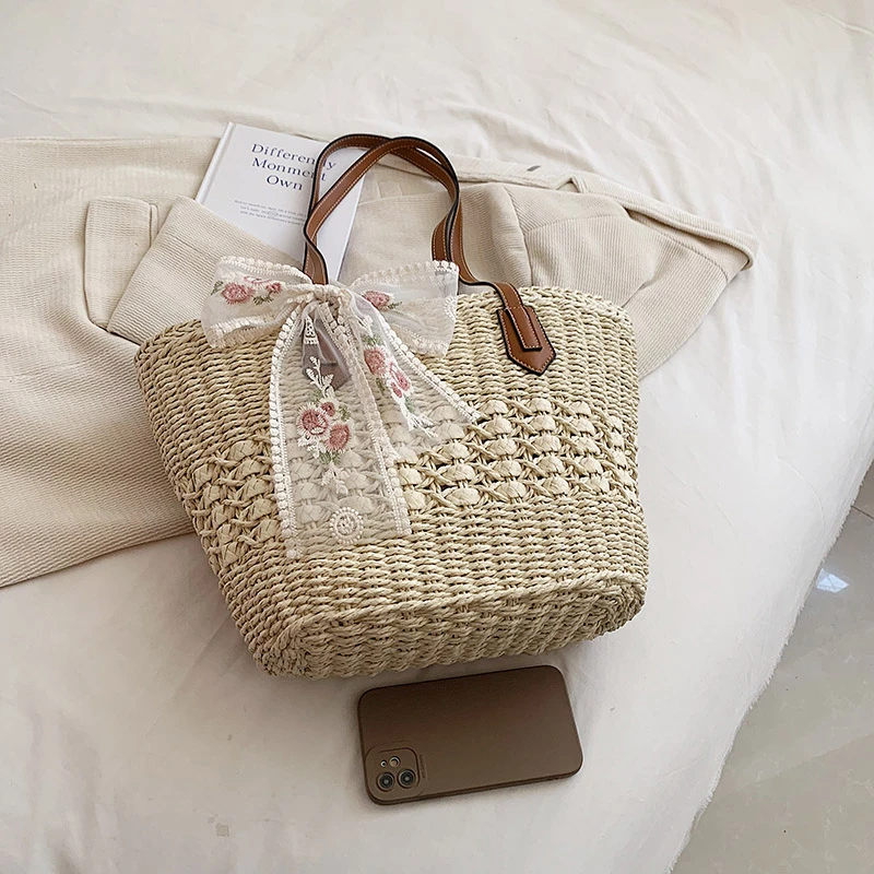 

Fashion Casual Zipper Large Capacity Straw Woven Shoulder Bags Hot Sale Simple Versatile Commute Sweet Youth Tote Bags for Women